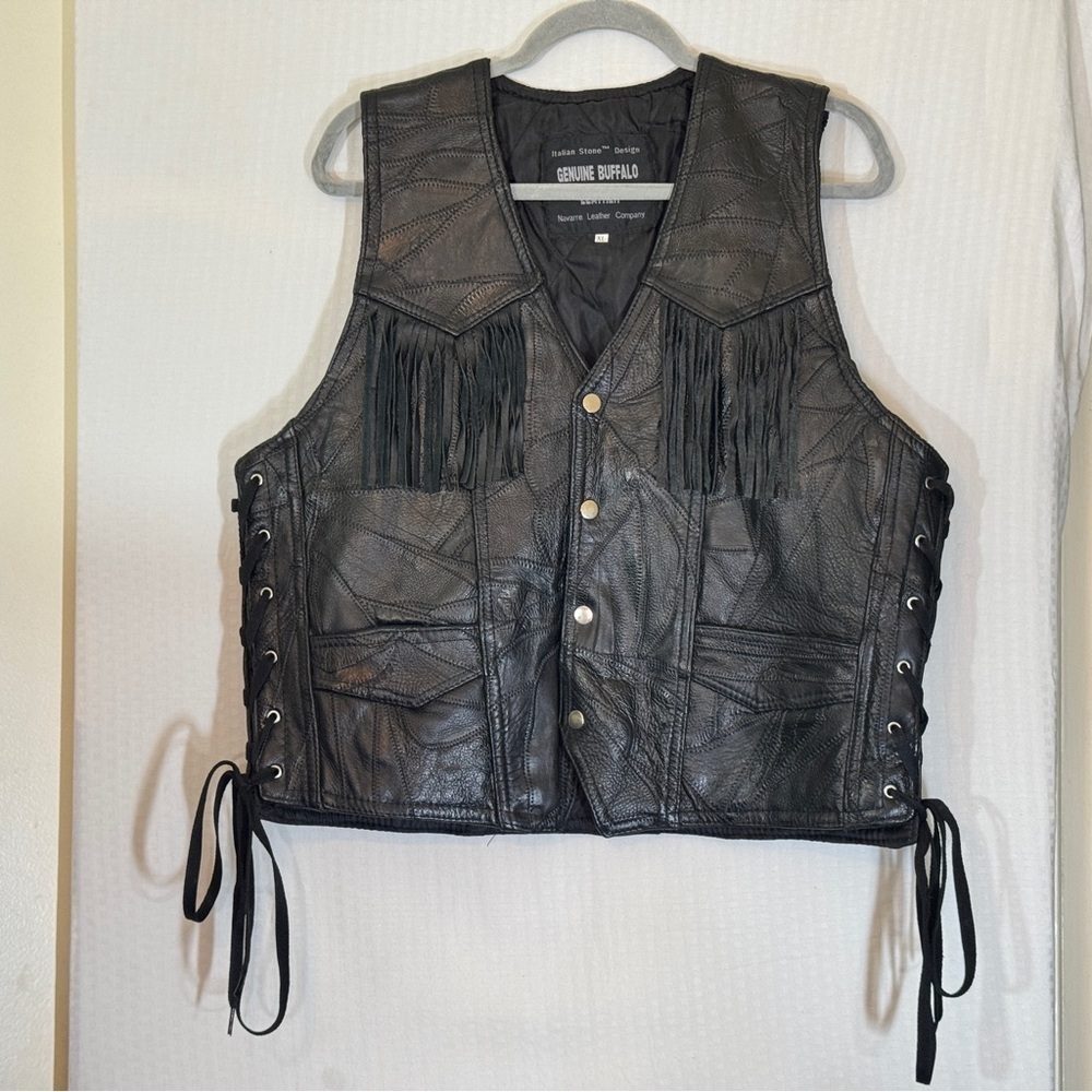 Vintage Navarre Genuine Buffalo Leather Fringe Vest XL – Italian Stone - Picture 3 of 17